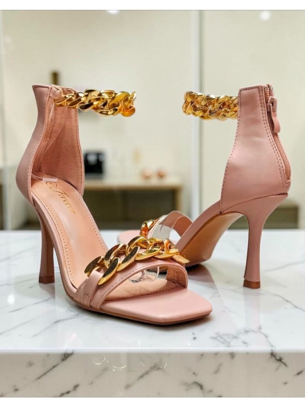 Blush Pink High Heel Sandals With Gold Chain Ankle Strap Square Toe Back Zipper - Picture 6 of 12